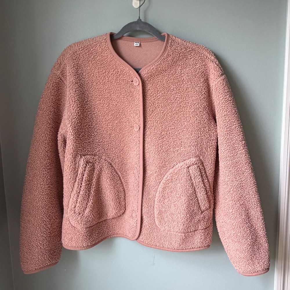 Uniqlo Pile Lined Fleece Cardigan Jacket Pink Teddy Boa Crew Neck Collarless M
